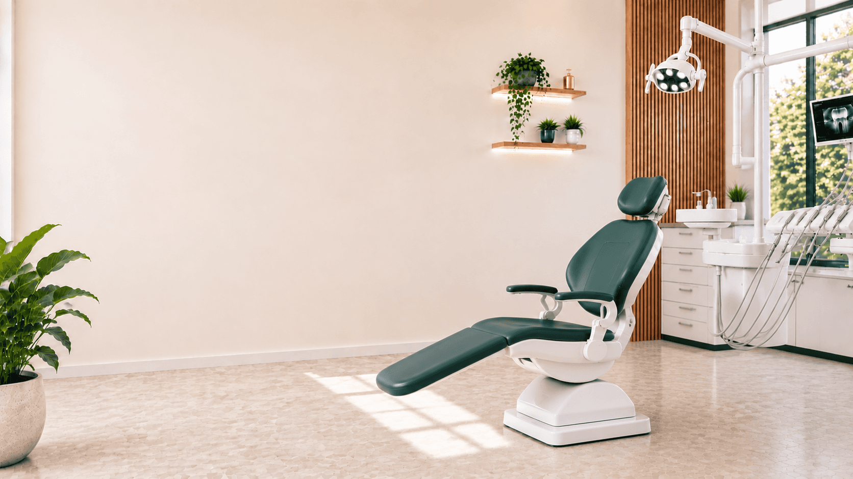 Bright dental treatment room with a green dental chair