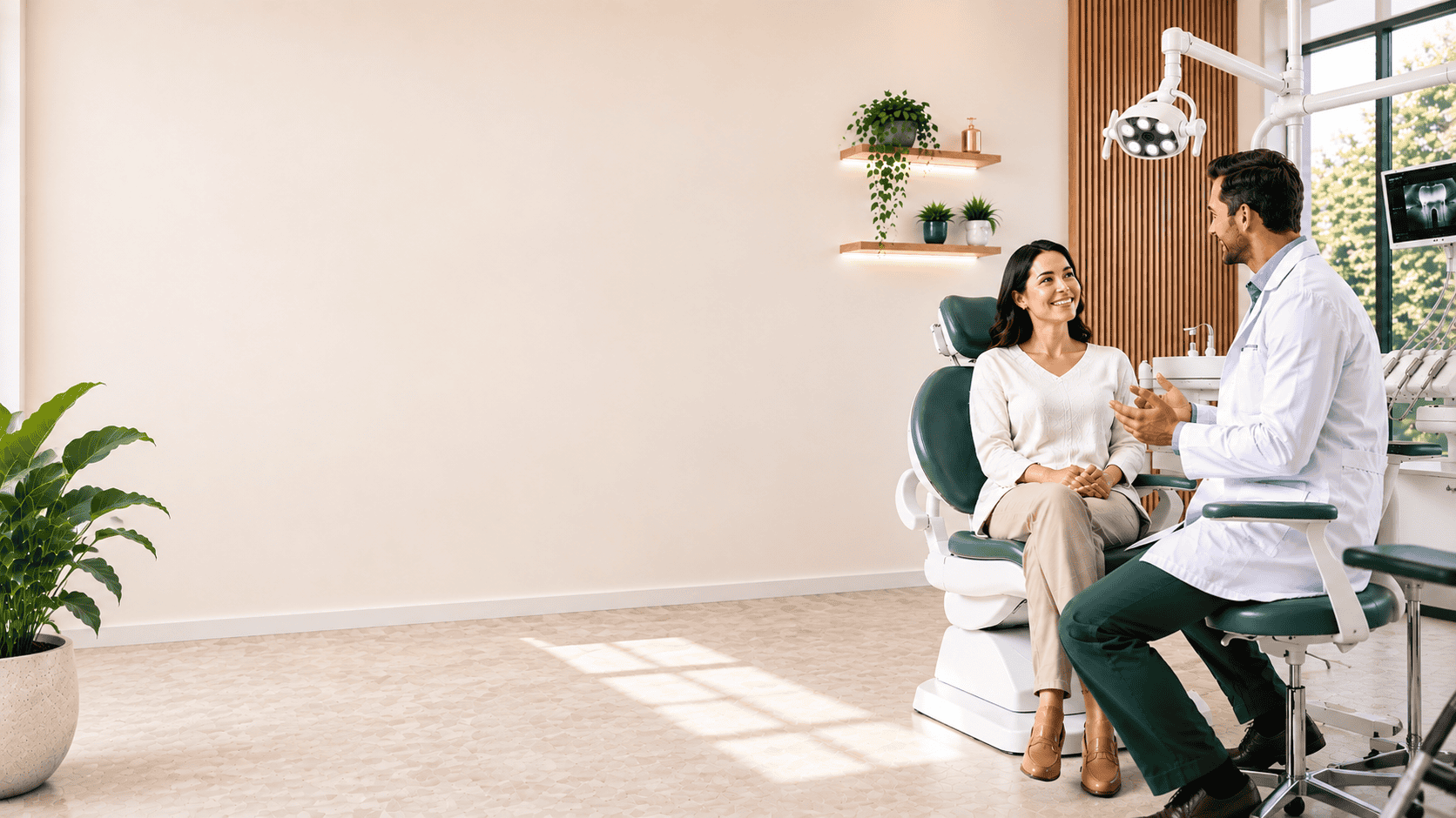 Patient speaking with a dentist in a bright treatment room